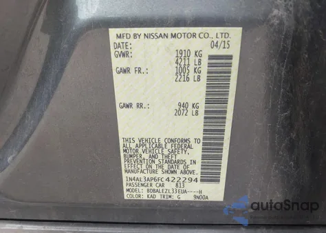 2015 Nissan Altima 2.5 S z USA, uszkodzony, nr VIN 1N4AL3AP6FC422294